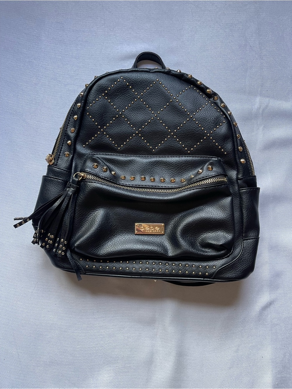bebe Black Gold Studded Backpack Purse Zip Closure Tassel